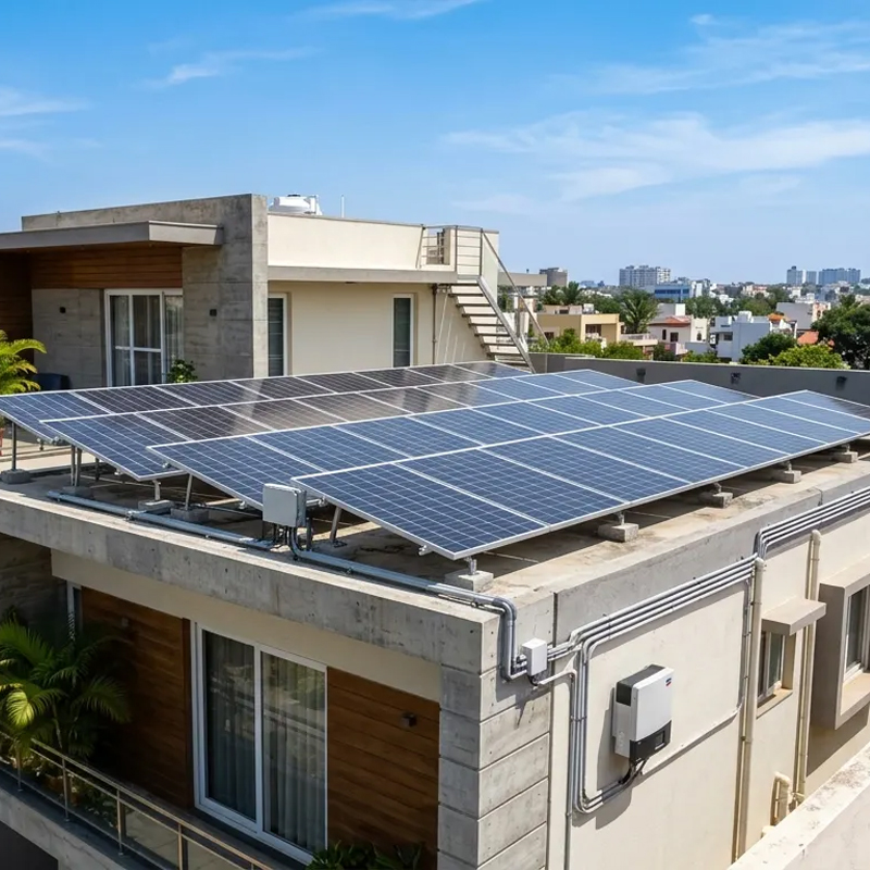 Solar panels at sunrise over a city